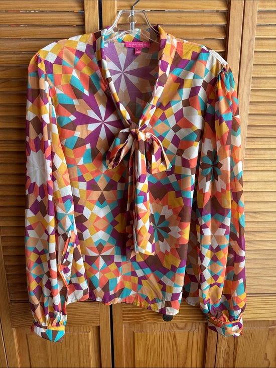 Flying Tomato Tops - FLYING TOMATO Women’s Geometric Print Tie-Neck Blouse - Multicolor